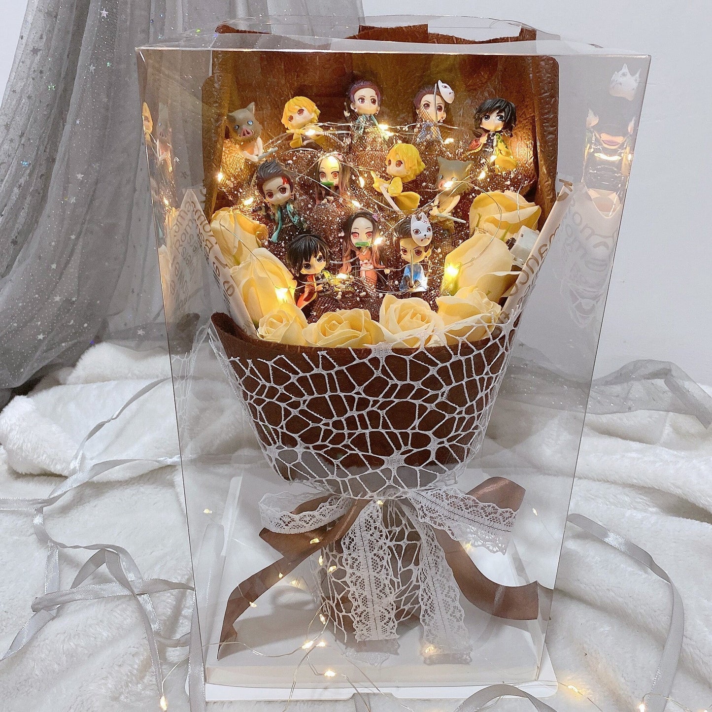 Demon Slayerr Kamado Tanjirou Handmade Soap Rose Bouquet with LED Lights - Romantic Gift for Anime Fans