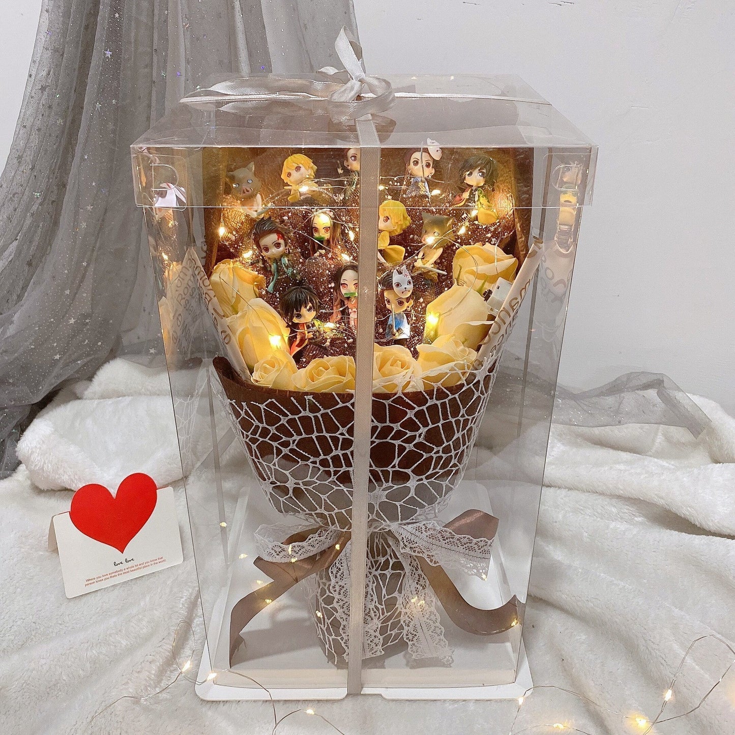 Demon Slayerr Kamado Tanjirou Handmade Soap Rose Bouquet with LED Lights - Romantic Gift for Anime Fans