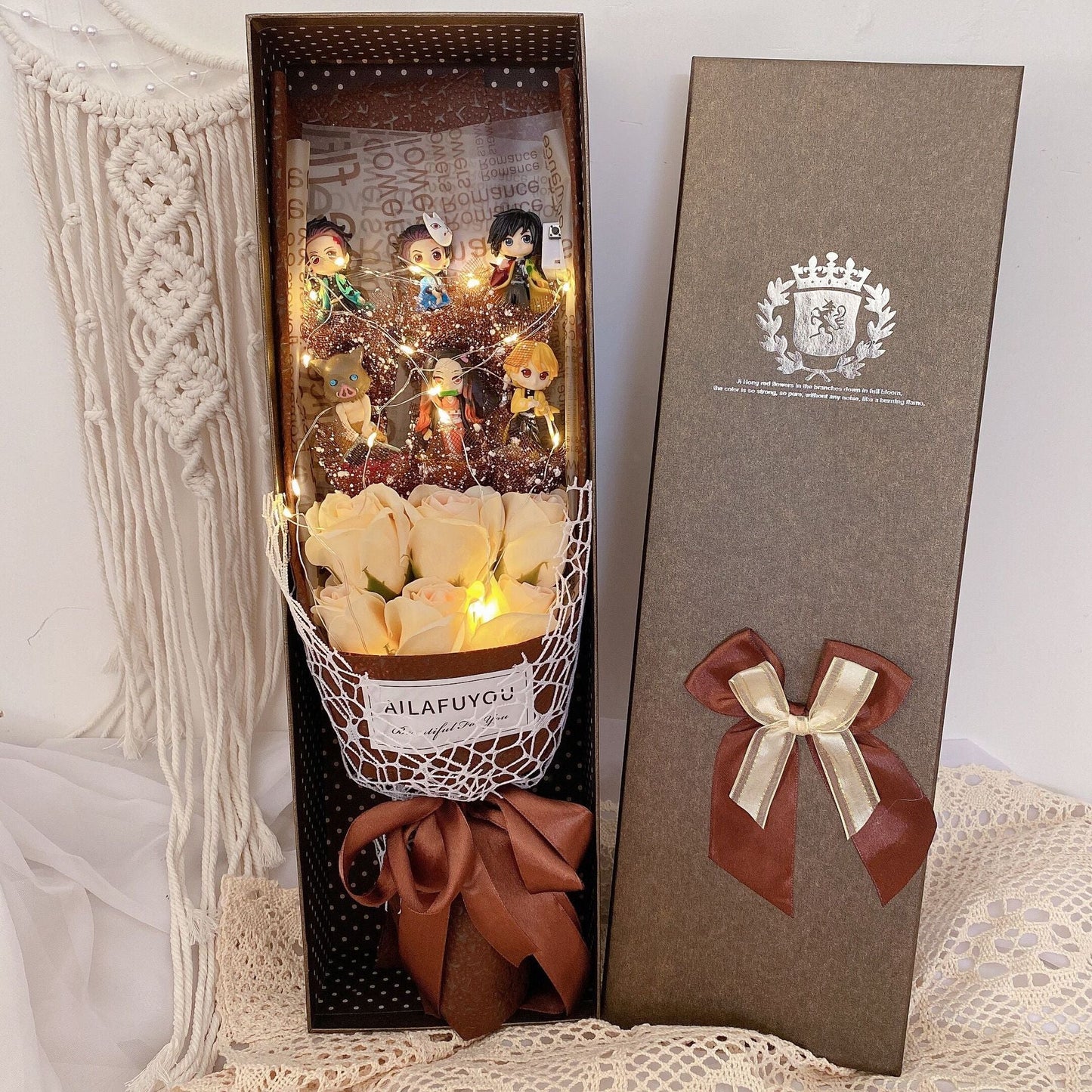 Demon Slayerr Kamado Tanjirou Handmade Soap Rose Bouquet with LED Lights - Romantic Gift for Anime Fans