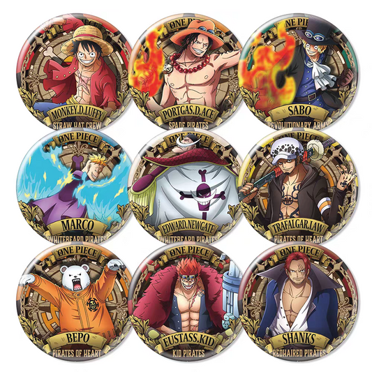 One Piece Popular Character Badges & Fridge Magnets - Anime Pins, Collector's Set with Luffy/Zoro/Ace, High-Definition Prints