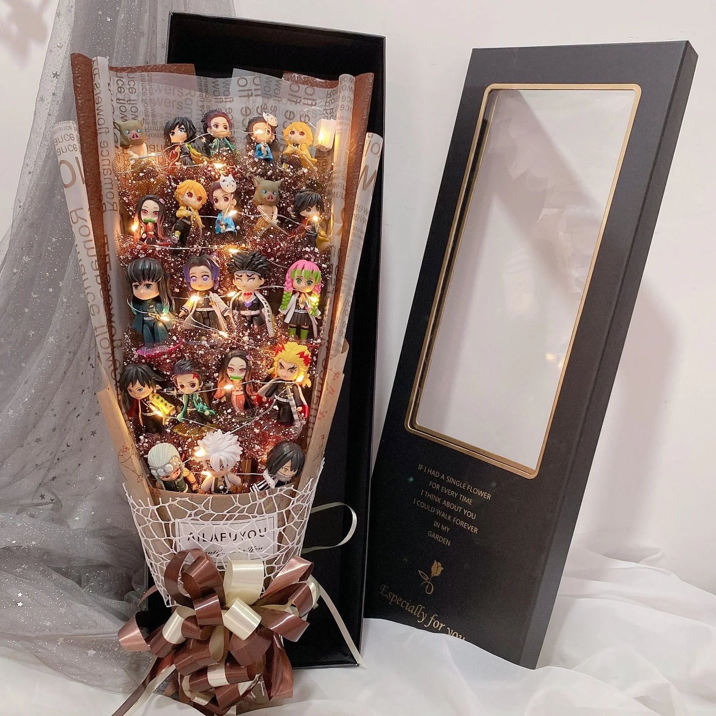 Demon Slayerr Kamado Tanjirou Handmade Soap Rose Bouquet with LED Lights - Romantic Gift for Anime Fans