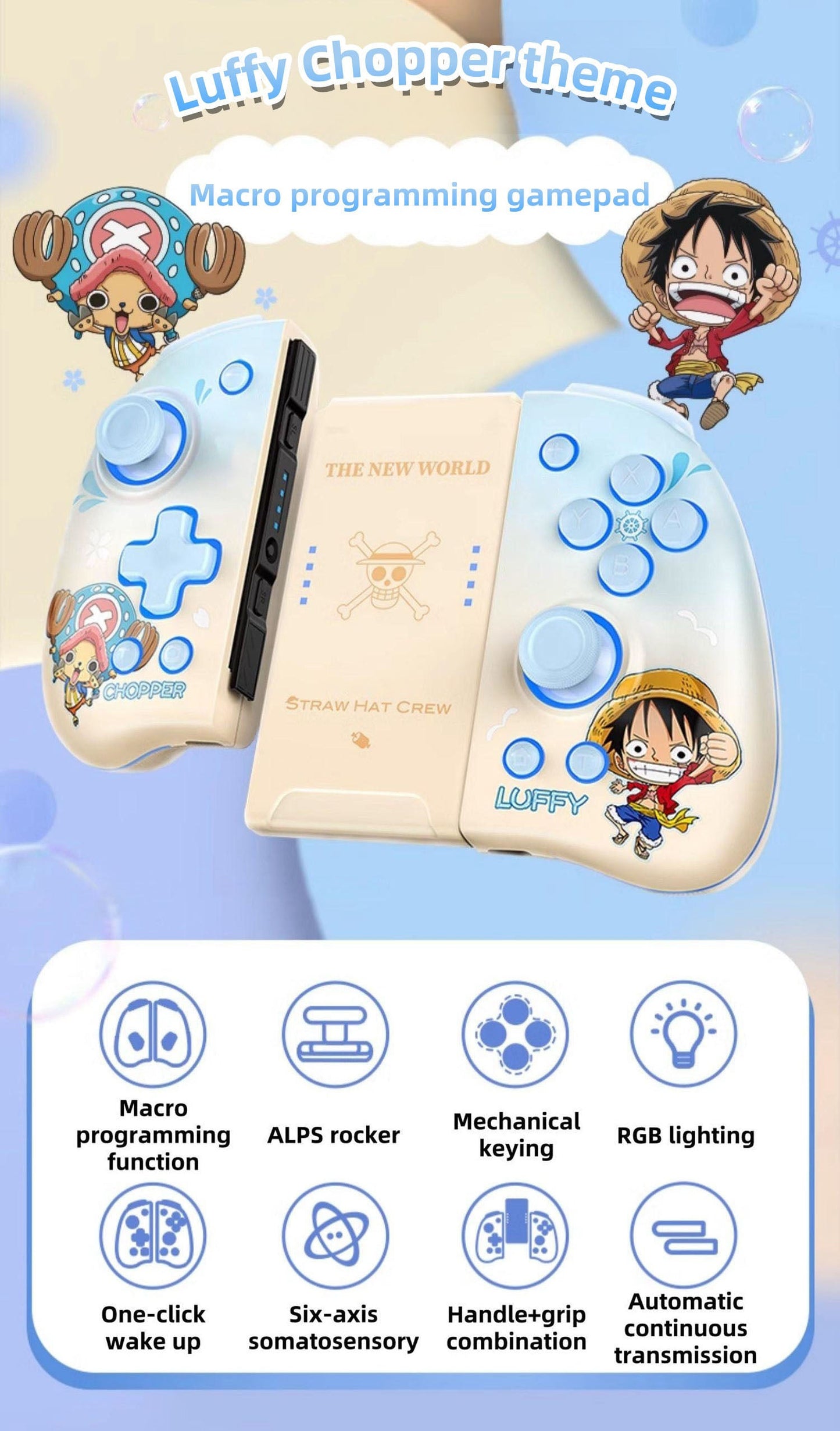 One Piece Luffy/Chopper Wireless Switch Controller - Adjustable LED Lights, Ambidextrous Gamepad for Nintendo Switch